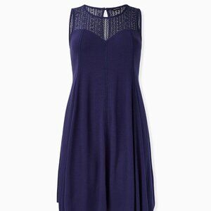 Torrid Navy Jersey Lace Yoke Handkerchief Fluted Midi Trapeze Dress
